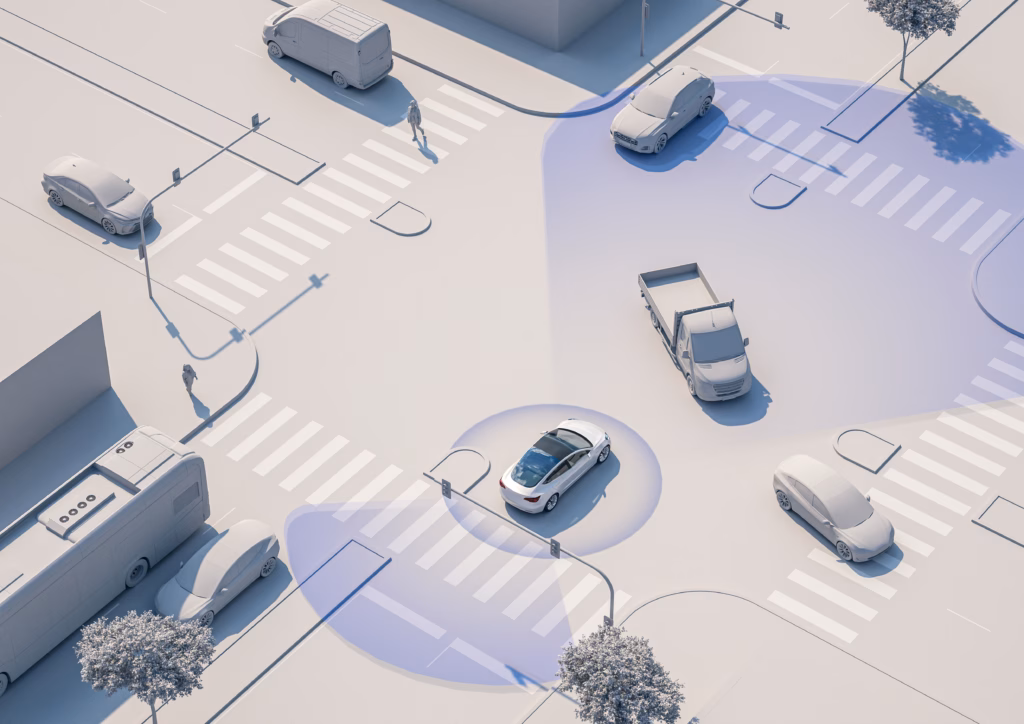 A self-driving car and an e‑scooter rider sharing a modern UK road in 2026, illustrating new transport laws and safety regulations.